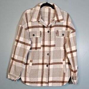 BEAULLY Plaid Button Up Shirt Jacket Women Medium Gray Brown Cozy Flannel